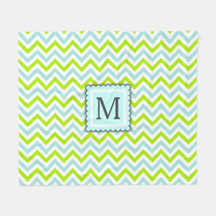 Green & Aqua Blue Chevron Custom Monogram Fleece Blanket