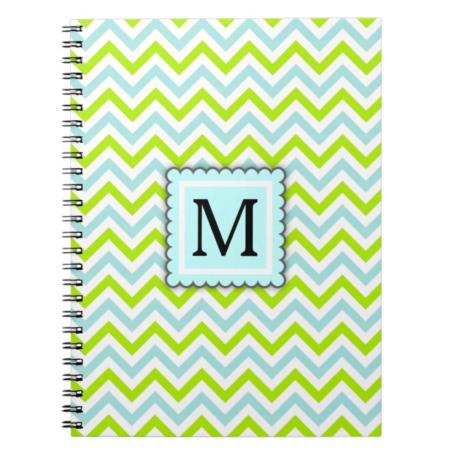 Green & Aqua Blue Chevron Custom Monogram Notebook (Front)