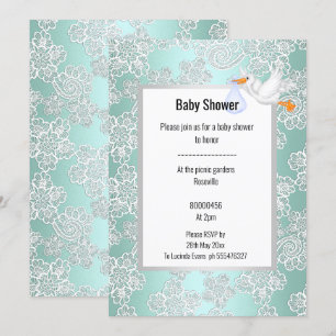 GREEN AQUA LACE DETAIL WHITE STORK BABY SHOWER INVITATION