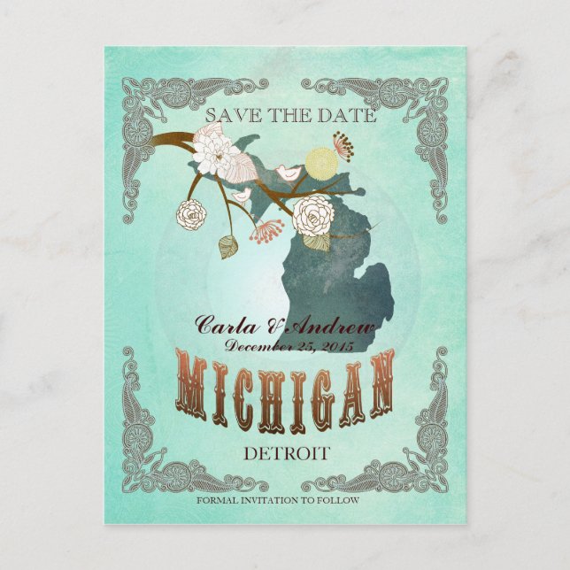 Green Aqua Save The Date -MI Map With Lovely Birds Announcement Postcard (Front)