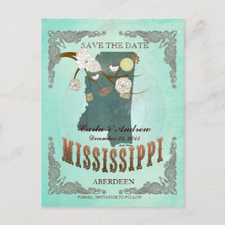 Green Aqua Save The Date -MS Map With Lovely Birds Announcement Postcard