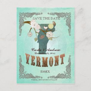 Green Aqua Save The Date -VT Map With Lovely Birds Announcement Postcard