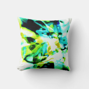 Green Aqua Yellow Black Floral Medley Design Throw Pillow