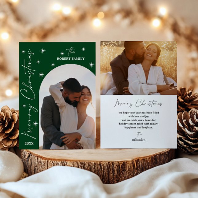 Green Arch Modern Script 2 Photo Merry Christmas  Holiday Card (Creator Uploaded)