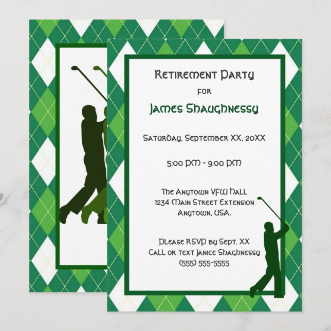 Green Argyle and Golf Party Invitation (Front/Back)
