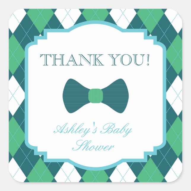 Green Argyle & Bow Baby Shower Thank You Square Sticker (Front)