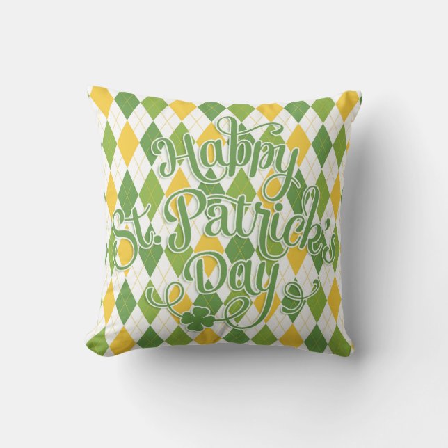 Green Argyle - Happy St. Patrick's Day Throw Pillow (Front)