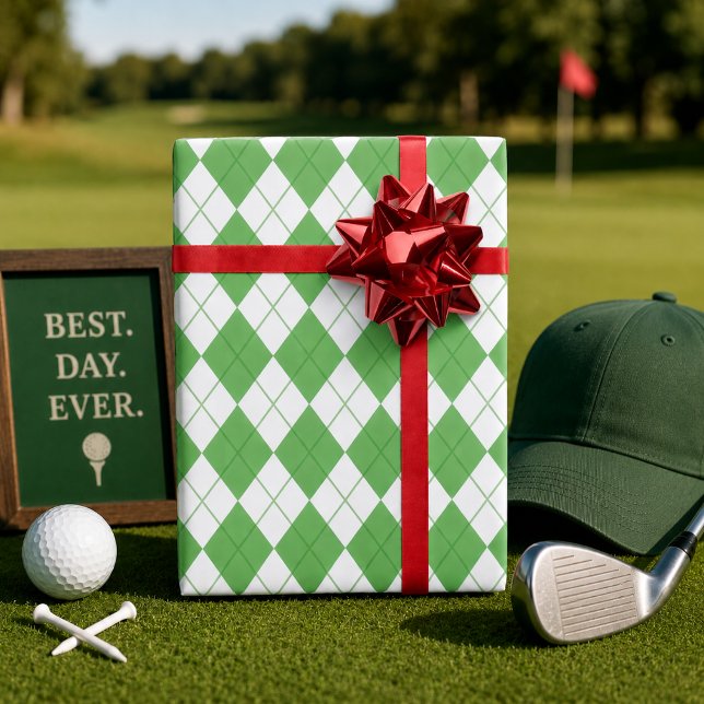 Green Argyle Pattern Golf  Wrapping Paper (Argyle Plaid Golf Gift Wrap)