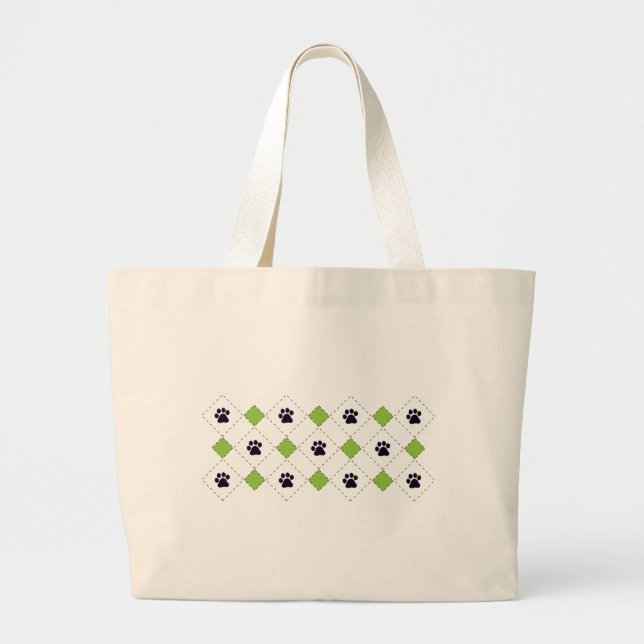Green Argyle Paw Prints Large Tote Bag (Front)