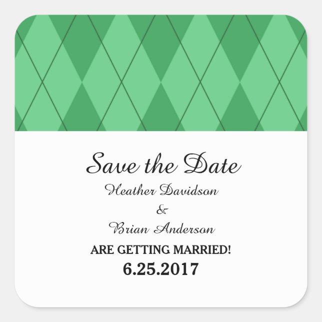 Green Argyle Save the Date Stickers (Front)