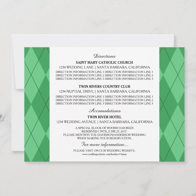 Green Argyle Wedding Information Card (Front)