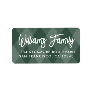 Green Argyle White Script Return Address Label