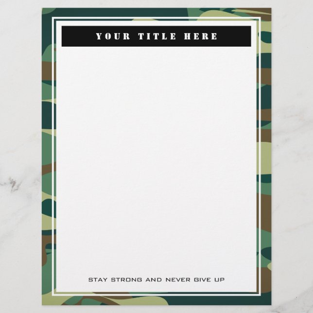 Green army camo elegant custom stationery paper (Front)