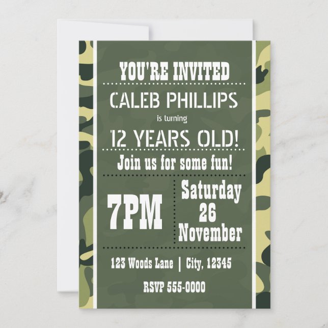 Green Army Camouflage Birthday Party Invitations (Front)