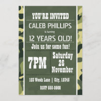 Green Army Camouflage Birthday Party Invitations