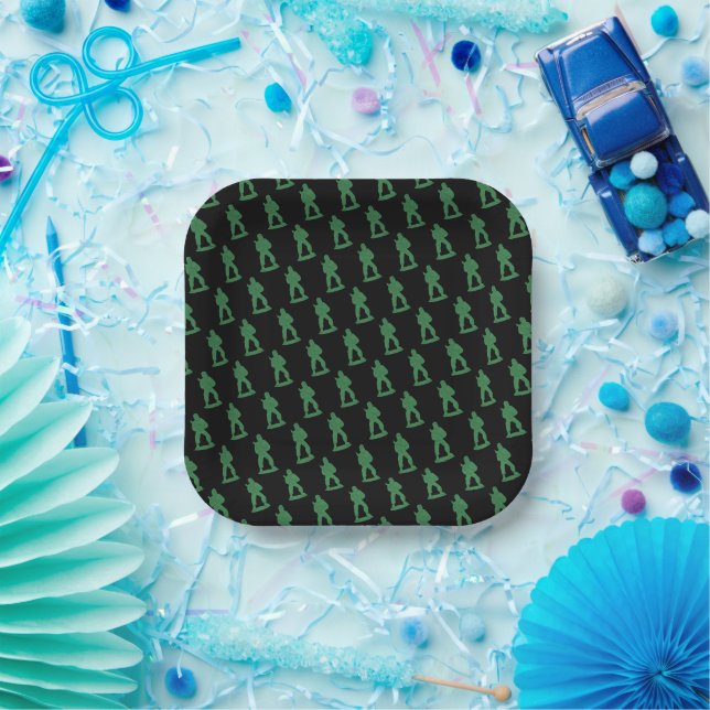 Green Army Men on Black  Paper Plate (Party)