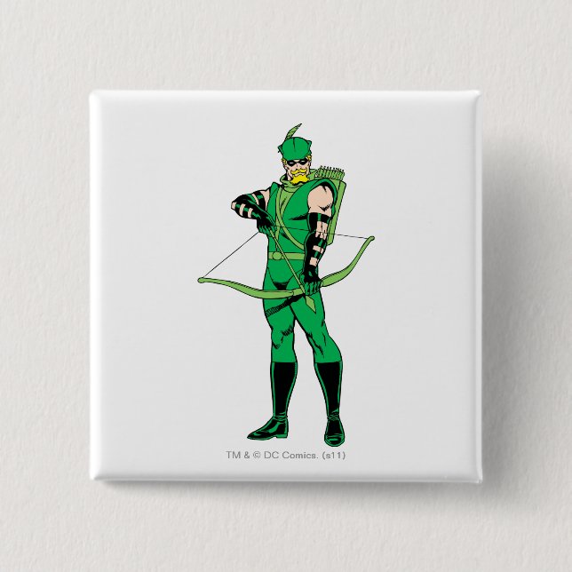 Green Arrow Standing with Bow 2 Inch Square Button (Front)