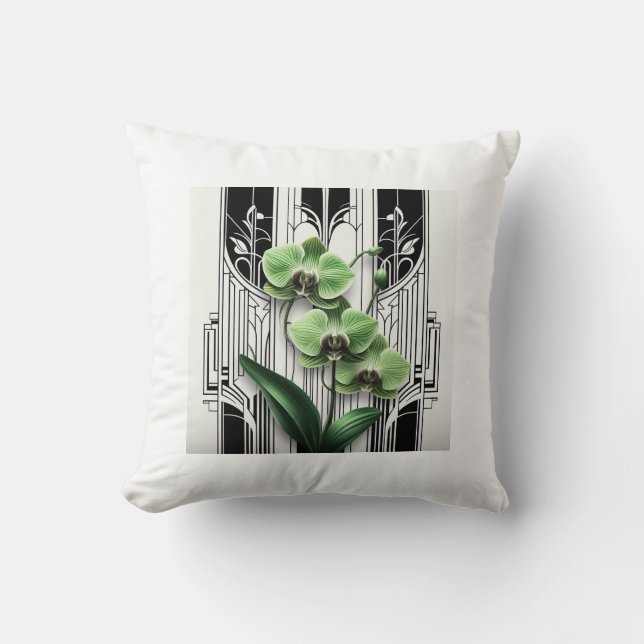 Green Art Deco Flowers Throw Pillow (Front)