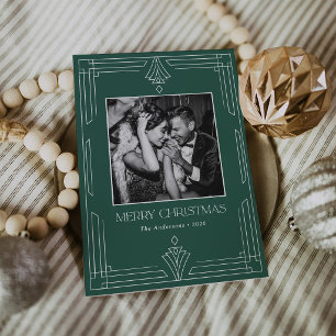 Green Art Deco Modern Photo Christmas Holiday Card