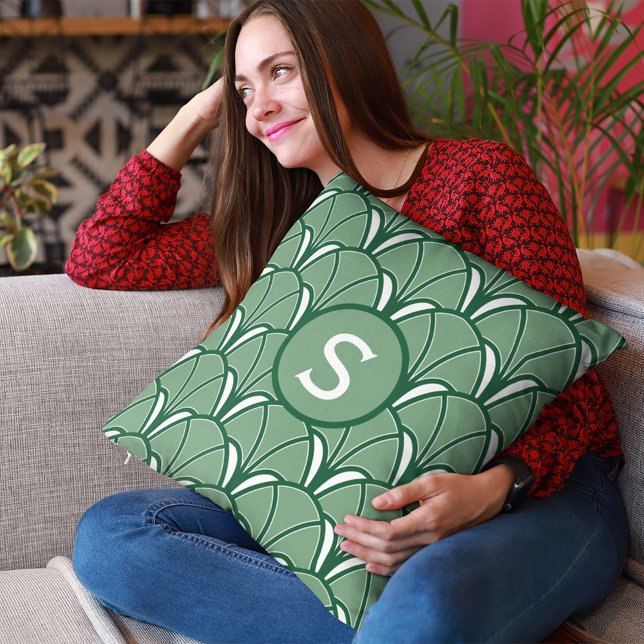 Green Art Deco Monogram Throw Pillow (Creator Uploaded)