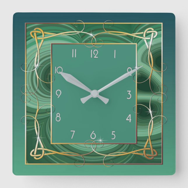 Green Art Deco Square Wall Clock (Front)