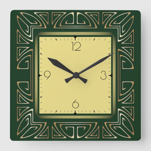 Green art deco square wall clock (Front)