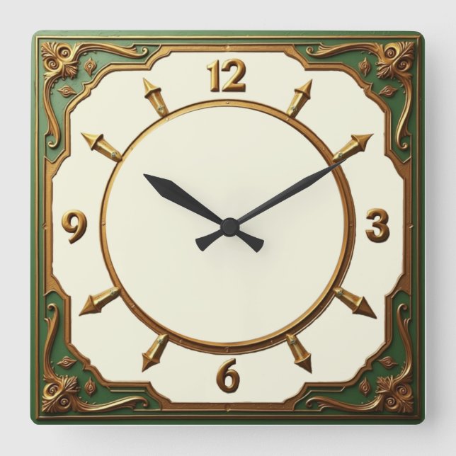 Green Art Deco Square Wall Clock (Front)