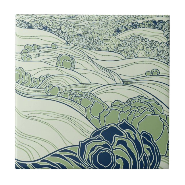 Green Art Nouveau Rolling Hills Country Fields Tile (Front)