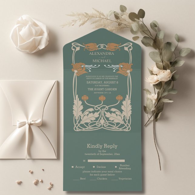 Green Art Nouveau Wedding All In One Invitation (Creator Uploaded)