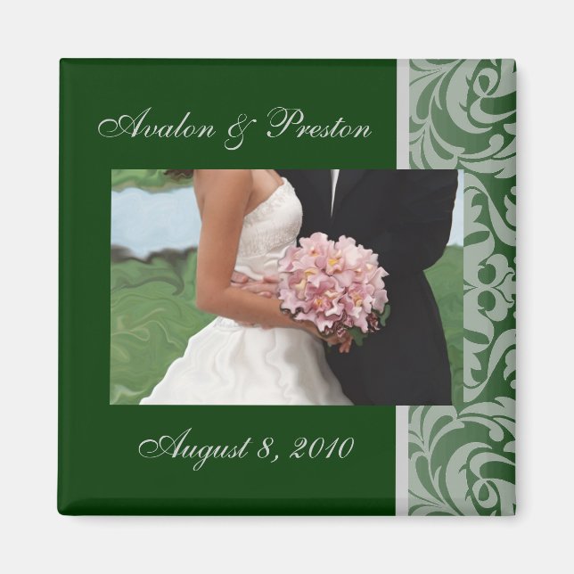 Green Artistic Damask Save The Date Magnet (Front)