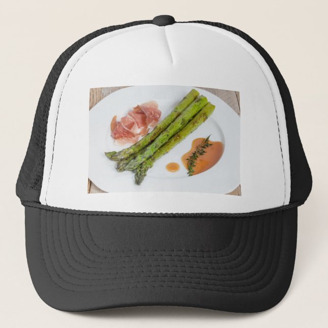 Green asparagus with ham and sauce trucker hat (Front)