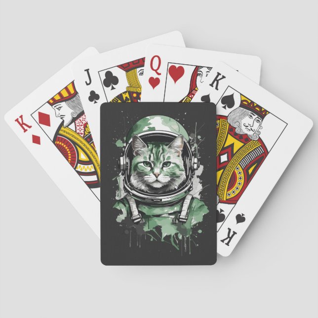 Green Astronaut Cat Splash Playing Cards (Back)