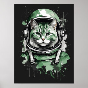 Green Astronaut Cat Splash Poster