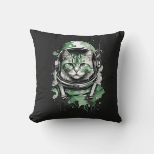 Green Astronaut Cat Splash Throw Pillow