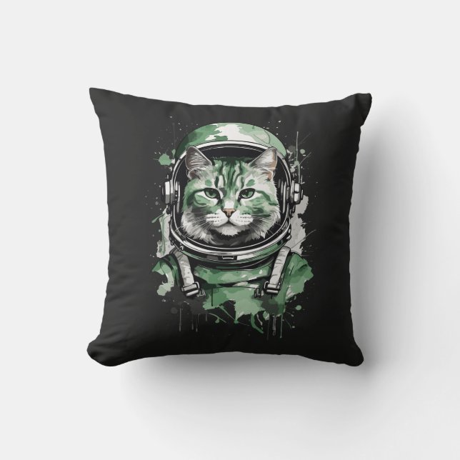 Green Astronaut Cat Splash Throw Pillow (Front)