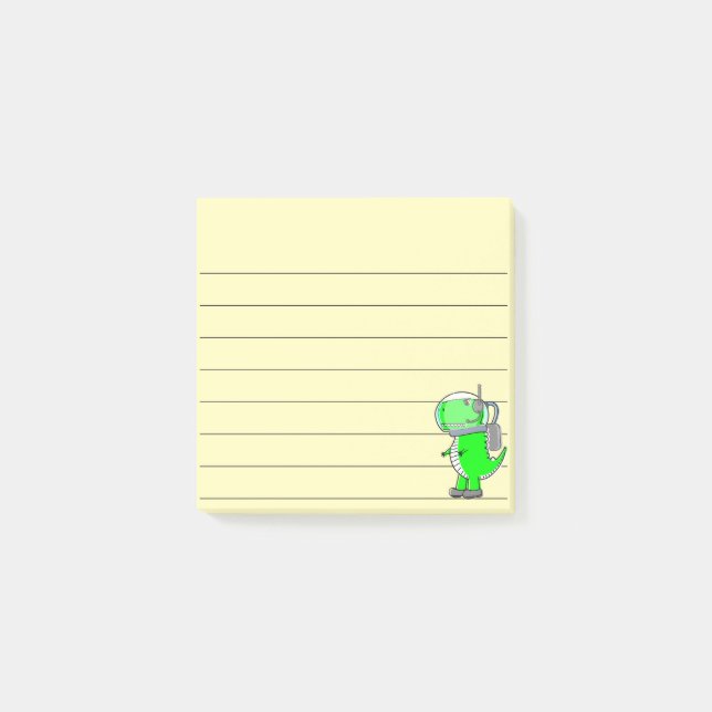 Green Astronaut Dinosaur Drawing Lined 3x3 Yellow Post-it Notes (Front)