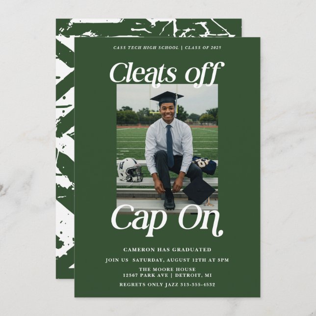 Green Athlete Graduation Cleats off Cap On Invitation (Front/Back)
