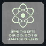 Green Atomic Chalkboard Save the Date Stickers<br><div class="desc">Cute and nerdy Atomic Chalkboard Save the Date Stickers featuring a simple atomic symbol in mint green on a chalkboard look background. These geeky and fun save the date stickers are perfect for announcing your science themed wedding! Easy to customize, simply add the details of your wedding in the spaces...</div>