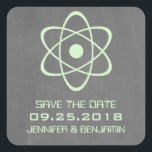 Green Atomic Chalkboard Save the Date Stickers<br><div class="desc">Cute and nerdy Atomic Chalkboard Save the Date Stickers featuring a simple atomic symbol in mint green on a chalkboard look background. These geeky and fun save the date stickers are perfect for announcing your science themed wedding! Easy to customize, simply add the details of your wedding in the spaces...</div>