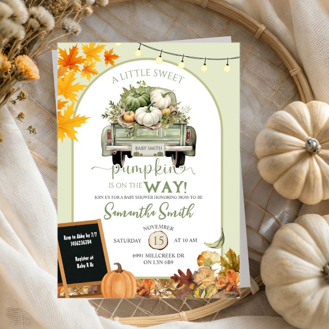 Green Autumn Leaves Pumpkin Truck Baby Shower Invitation (Creator Uploaded)