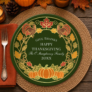 Green Autumn Pumpkin Turkey Thanksgiving Dinner Paper Plate