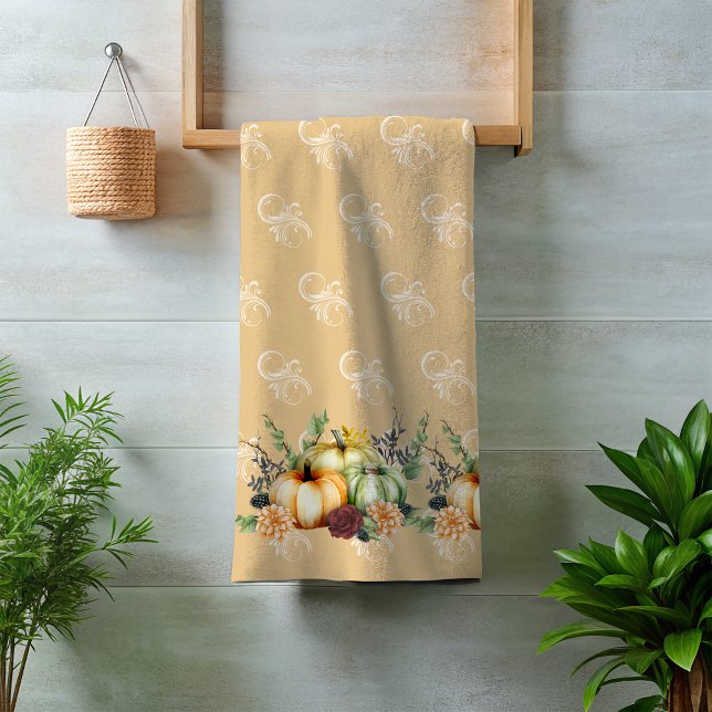 Green Autumn Pumpkin Watercolor Thanksgiving Bath Bath Towel Set (Creator Uploaded)