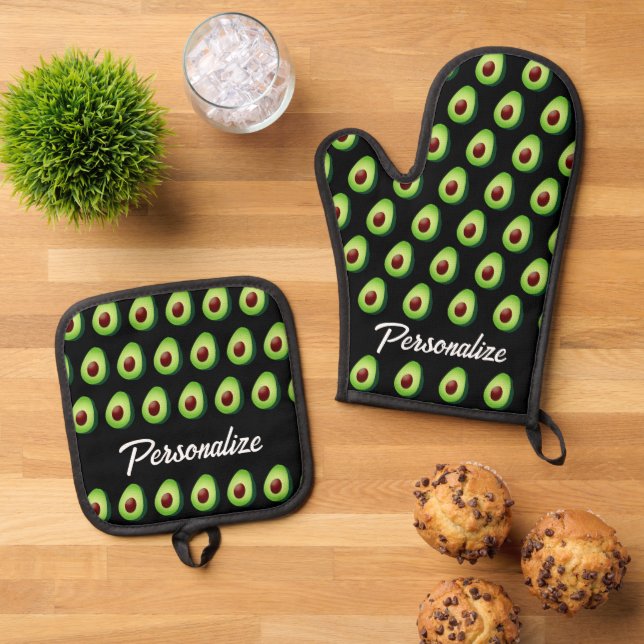 Green avocado pattern personalized kitchen oven mitt & pot holder set (Top Down)