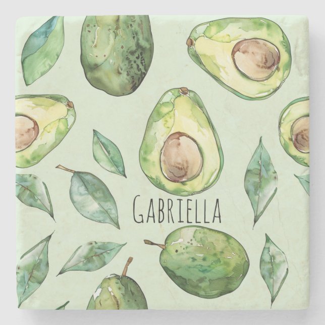 Green Avocados & Leaves Stone Coaster (Front)