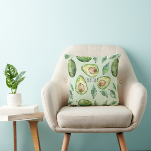 Green Avocados & Leaves Throw Pillow