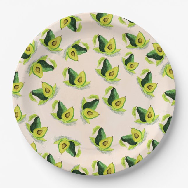 Green Avocados Watercolor Pattern Paper Plate (Front)