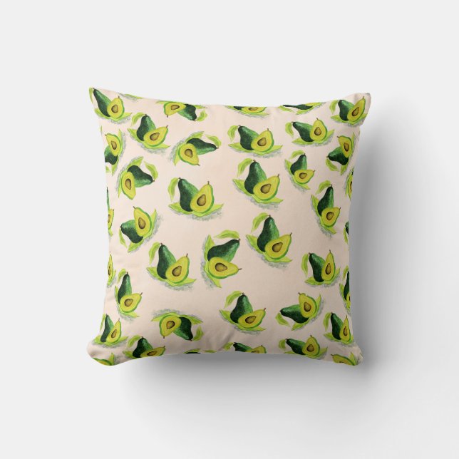Green Avocados Watercolor Pattern Throw Pillow (Front)