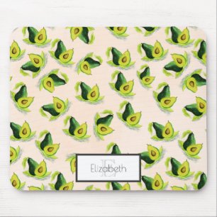 Green Avocados Watercolor Pattern with Monogram Mouse Pad