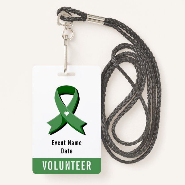 Green Awareness Ribbon White Heart Event Badge (Front with Lanyard)