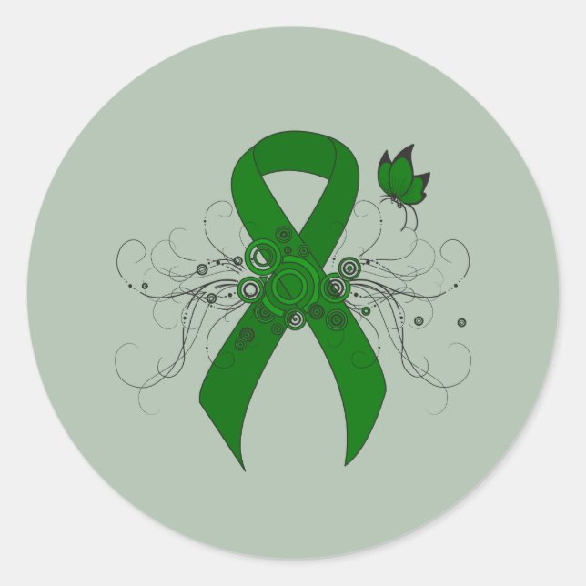 Green Awareness Ribbon with Butterfly Classic Round Sticker (Front)